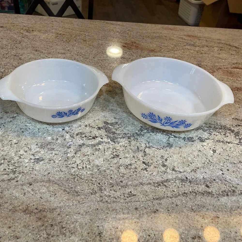Vintage CorningWare Blue Cornflower Casserole Set - 2 Piece White Oval Dishes